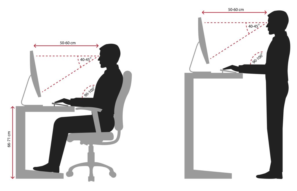 Correct sitting and standing posture when using a computer silhouette